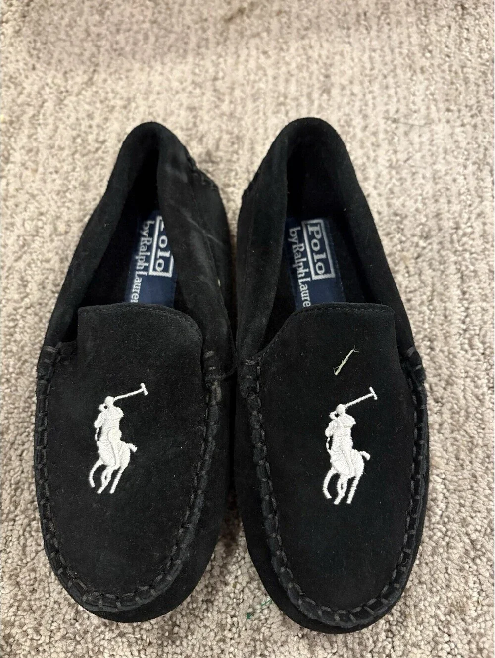 Polo Ralph Lauren Slippers Shoes Kids Size 13 Black Moccasin Fleece Pony Logo